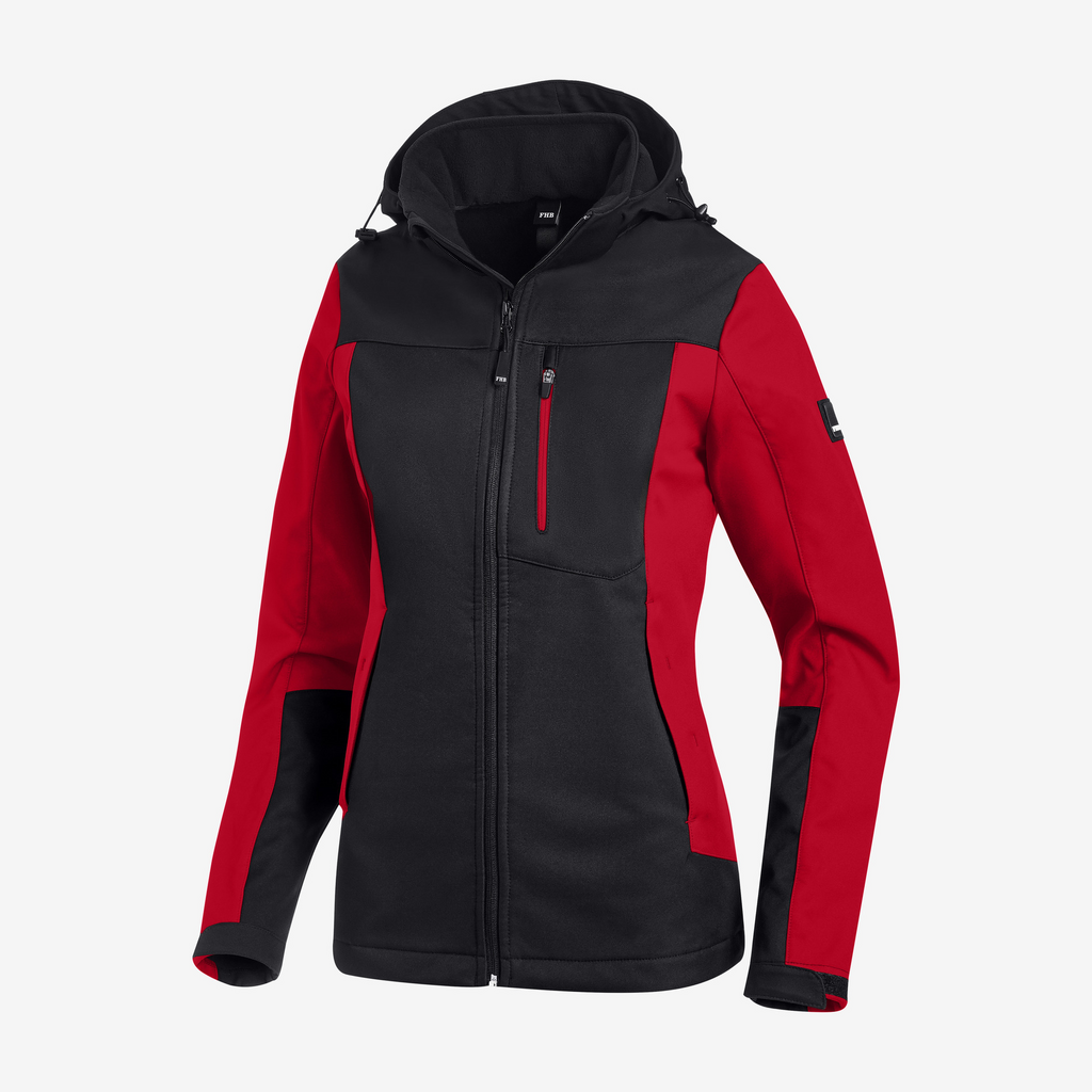 jacke, softshell, schwarz, rot, hoodie