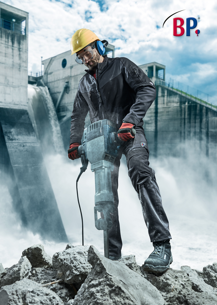 Baustellenausrüstung, Schlagbohrhammer, Arbeitskleidung, Schutzausrüstung, Gestein