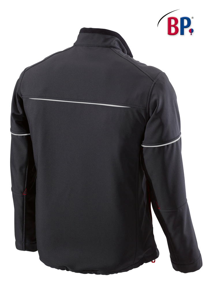 jacke, dunkelgrau, softshell, reflektierend, rückenseite