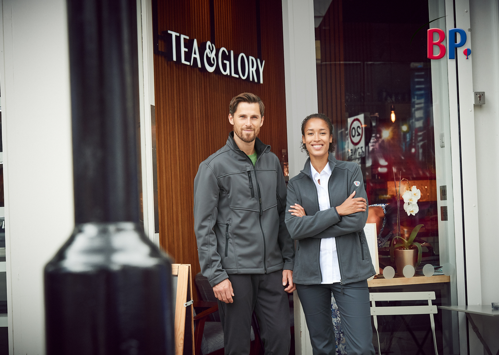 jacke, zwei-personen, geschäft, outfit, oberbekleidung