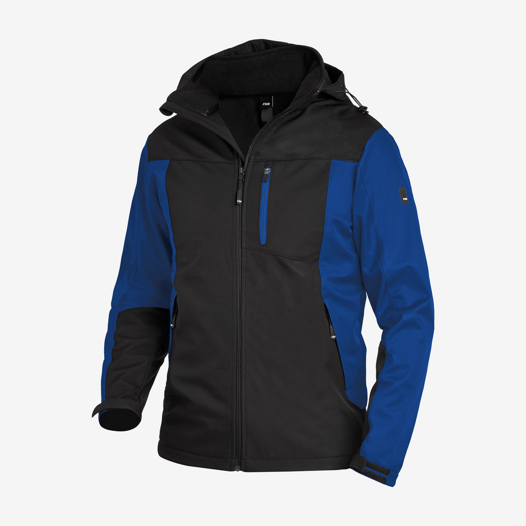 Jacke, Softshell, Schwarz-Grau, blauer Arm, Reißverschluss Tasche