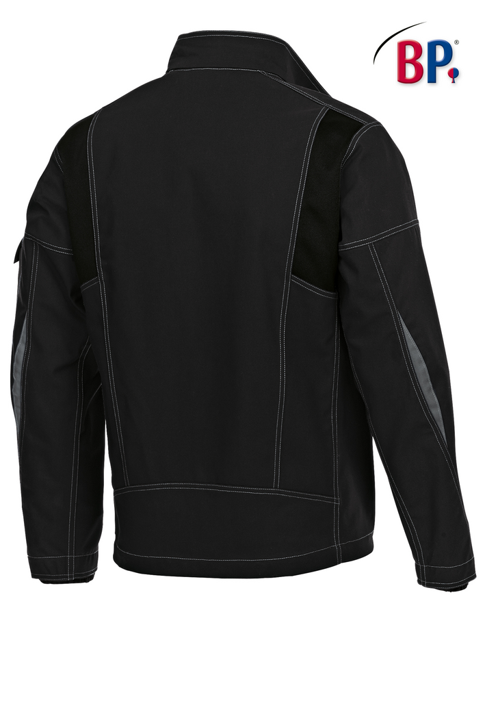 jacke, backansicht, schwarz, kontrastnaht, armelbündchen, jacke, schwarz, stickerei, kontrastpaneele, rückseite