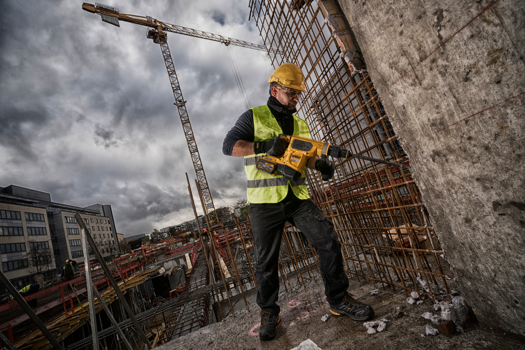 konstruktion, baustelle, arbeiter, bohrmaschine, bewehrung