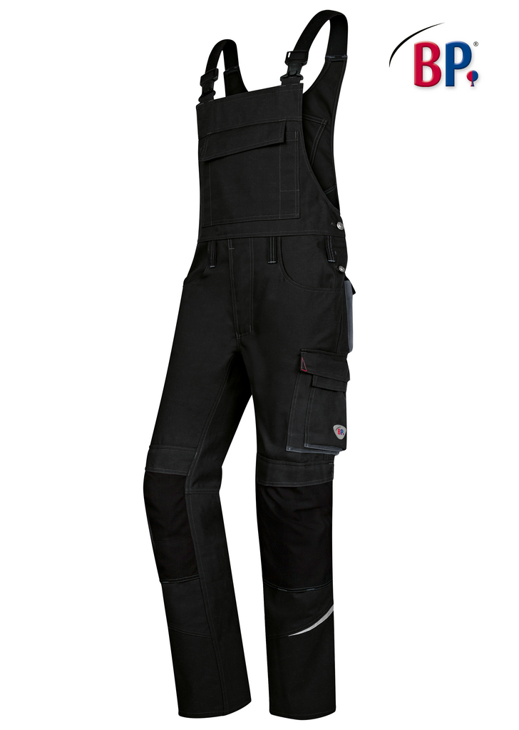 Arbeitsanzug, Latzhose, Schwarz, Nähte, Taschen