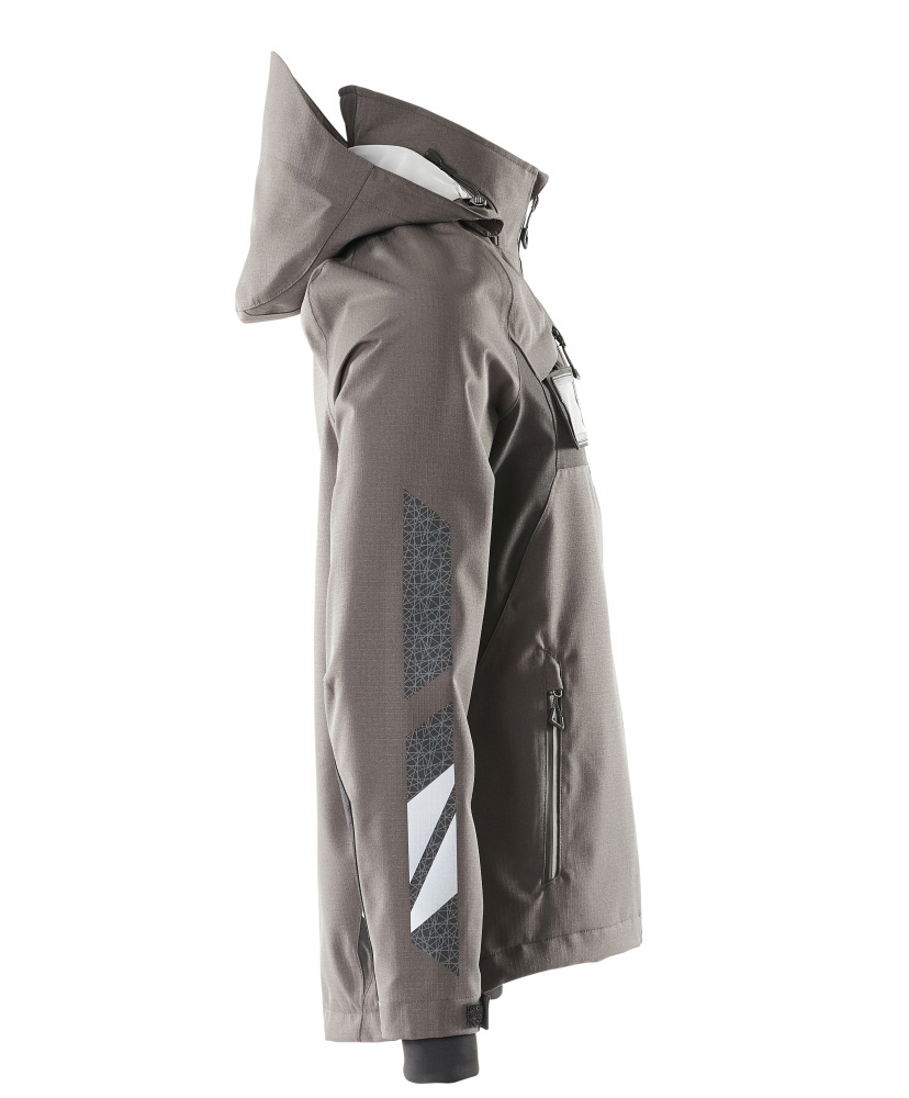 Softshell-Jacke, Kapuze, Reißverschlusstasche, Grau, Reflektor-Muster an Arm