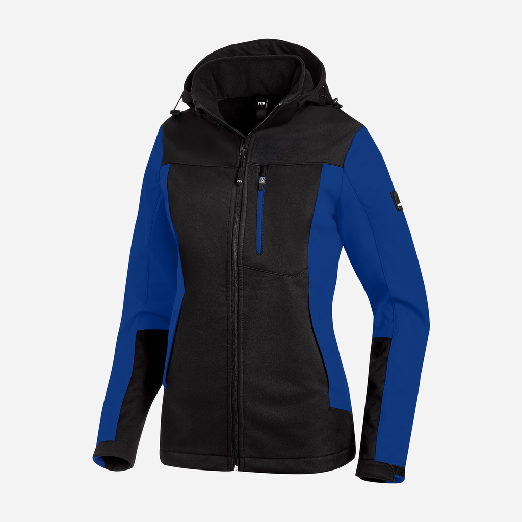 jacke, softshell, reissverschluss, schwarz, blau