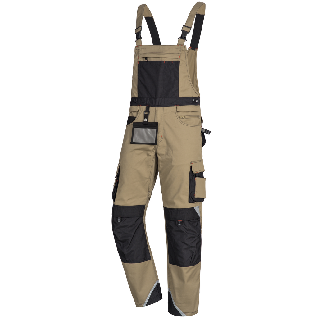 Overall bib pants, Work overalls, Suspender pants, Utility pockets, Two-tone beige black