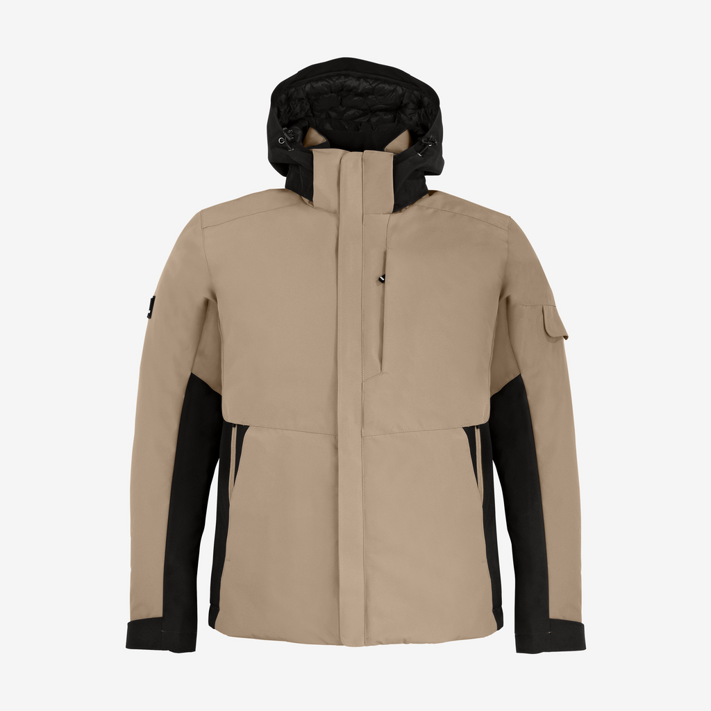 Daunenjacke, Beige Jacke, Kapuzenjacke, Reißverschluss Taschen, Mixed-material Jacke