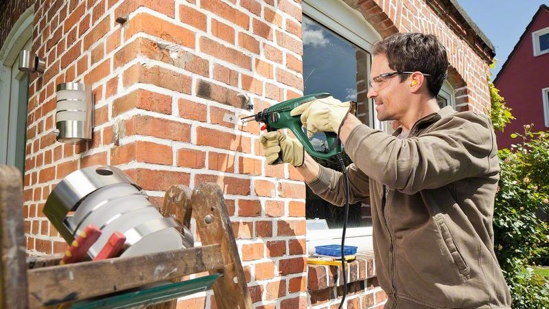 Stemmeisen, Bohrmaschine, Bauwerkzeug, Außenwand, Arbeiter