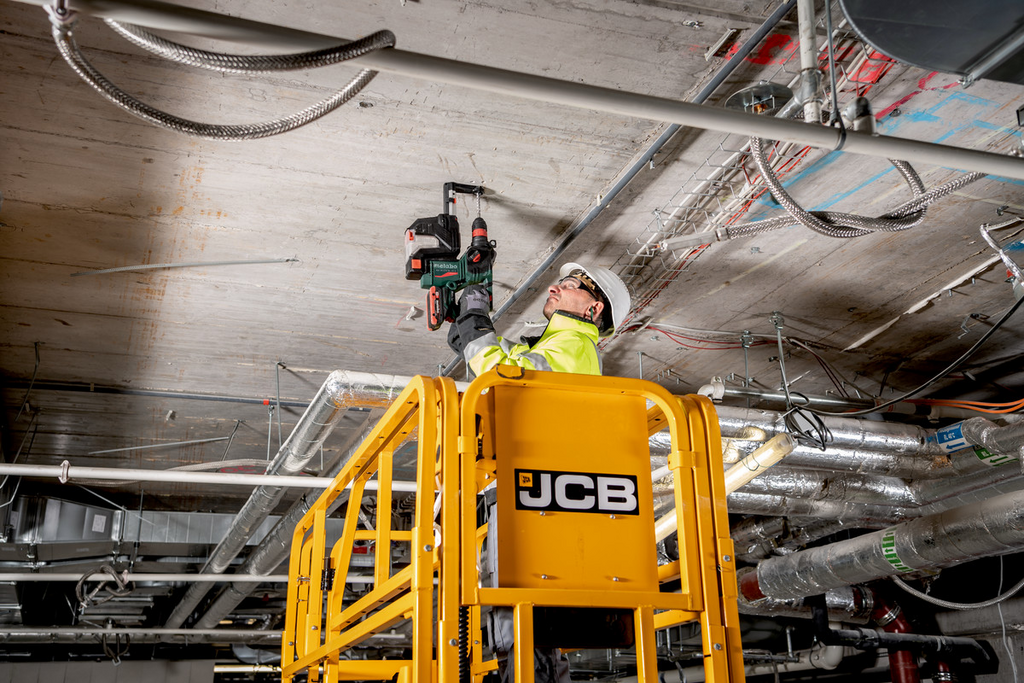 konstruktion, arbeiter, helm, bohrer, hubboden_bühne