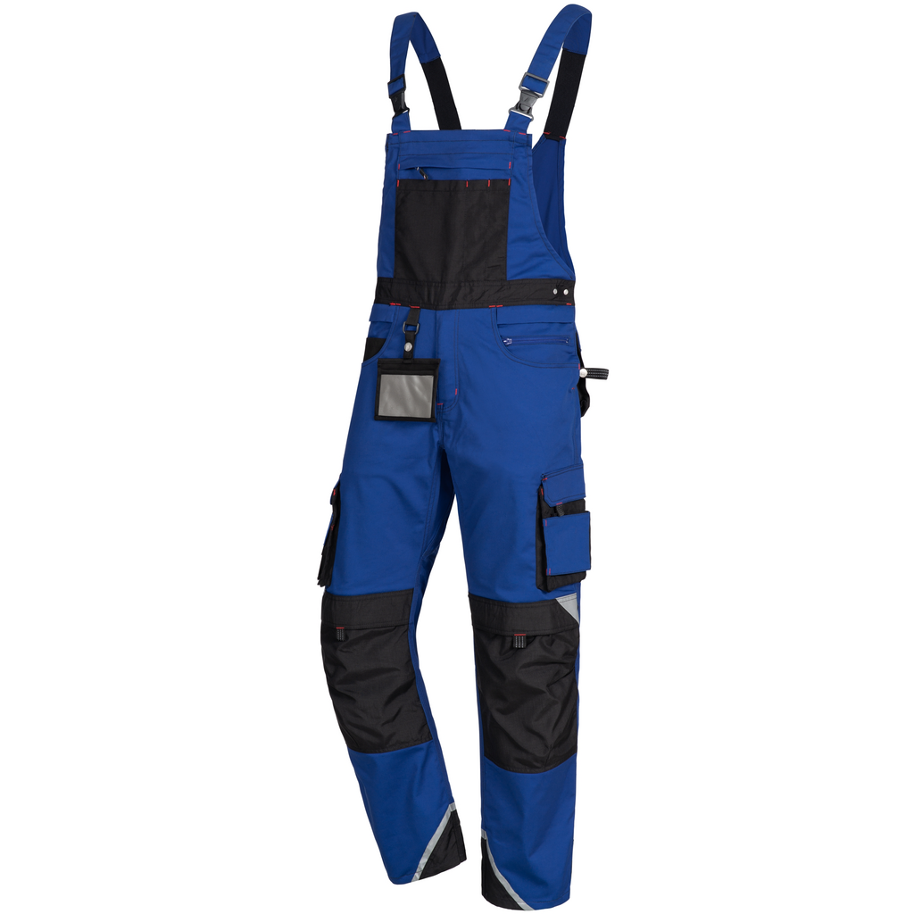 Arbeitsanzug, Hose, Trägerhose, Nähte, Farbblock Blau-Schwarz