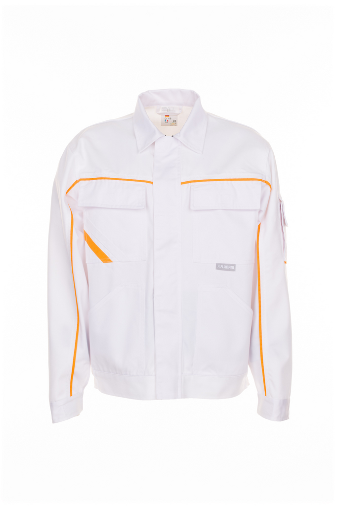 white jacket, orange piping, front pockets, zipper closure, utility jacket