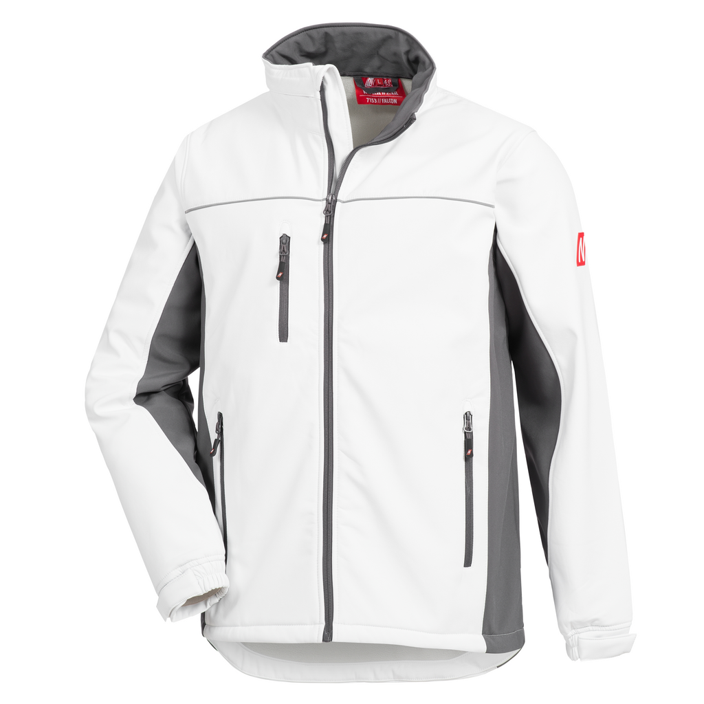 Jacke, Softshell, Weiß, Graue Einsätze, Reißverschluss Taschen