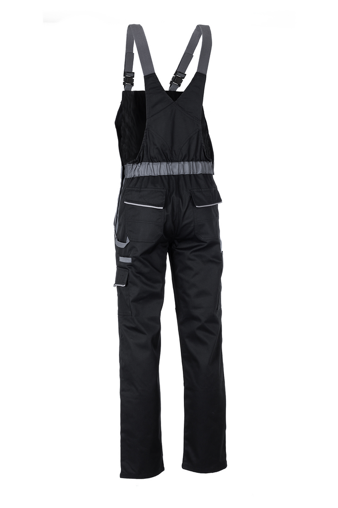 Overall-appearance: black bib overalls, workwear, suspenders, multi-pocket, reflective trim