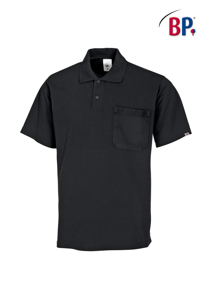 Polohemd, Kurzarm, Brusttasche, schwarz, Baumwolle