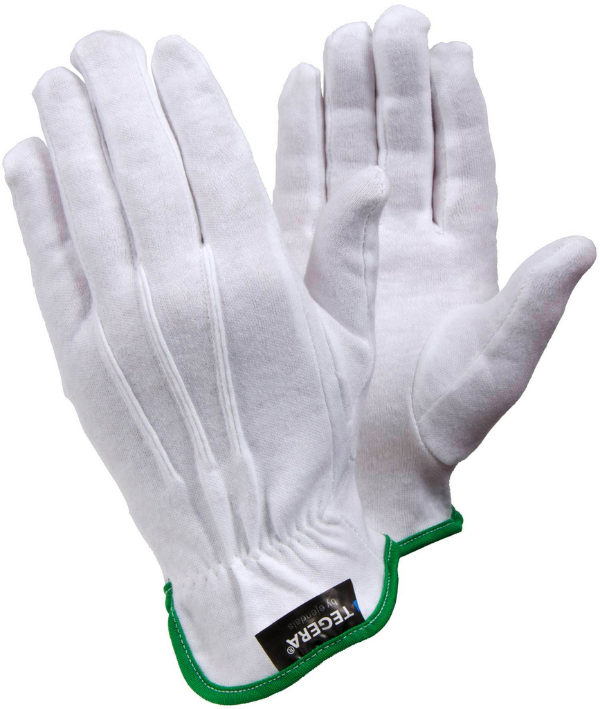 Arbeitshandschuhe, Klettverschluss, weiß, Baumwoll-Textil, grüner Rand