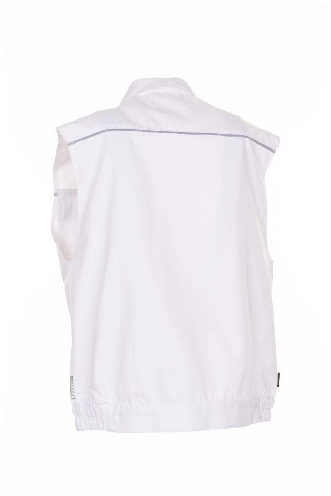 weiße ärmellose Weste, Kragen, Rückansicht, elastischer Saum, Nahtverarbeitung