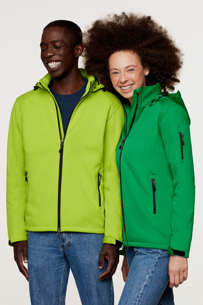 softshell, jacke, grün, reissverschluss, kapuze