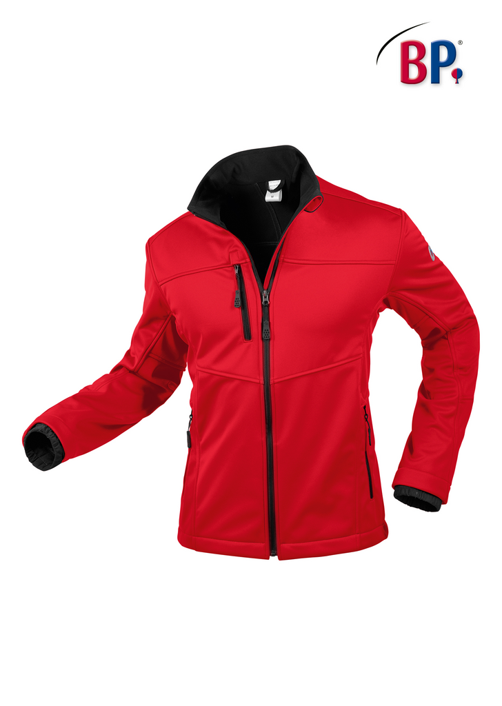 Softshell-Jacke, Rote Jacke, Reißverschlusstaschen, Hoher Kragen, Schwarzer Saum/Schwarz absetzt