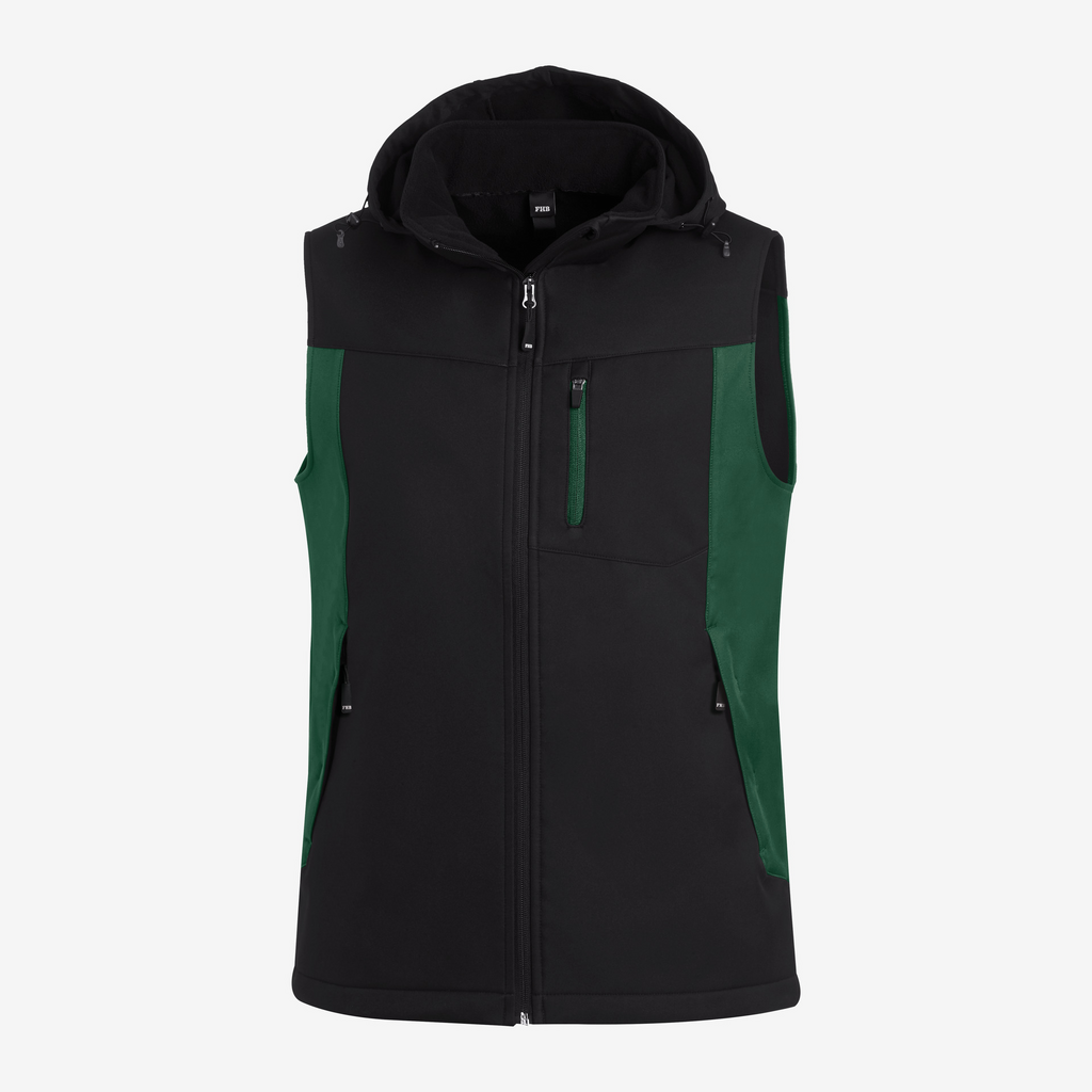 Hooded vest, Softshell, Schwarz, Grüne Einsätze, Reißverschluss Taschen