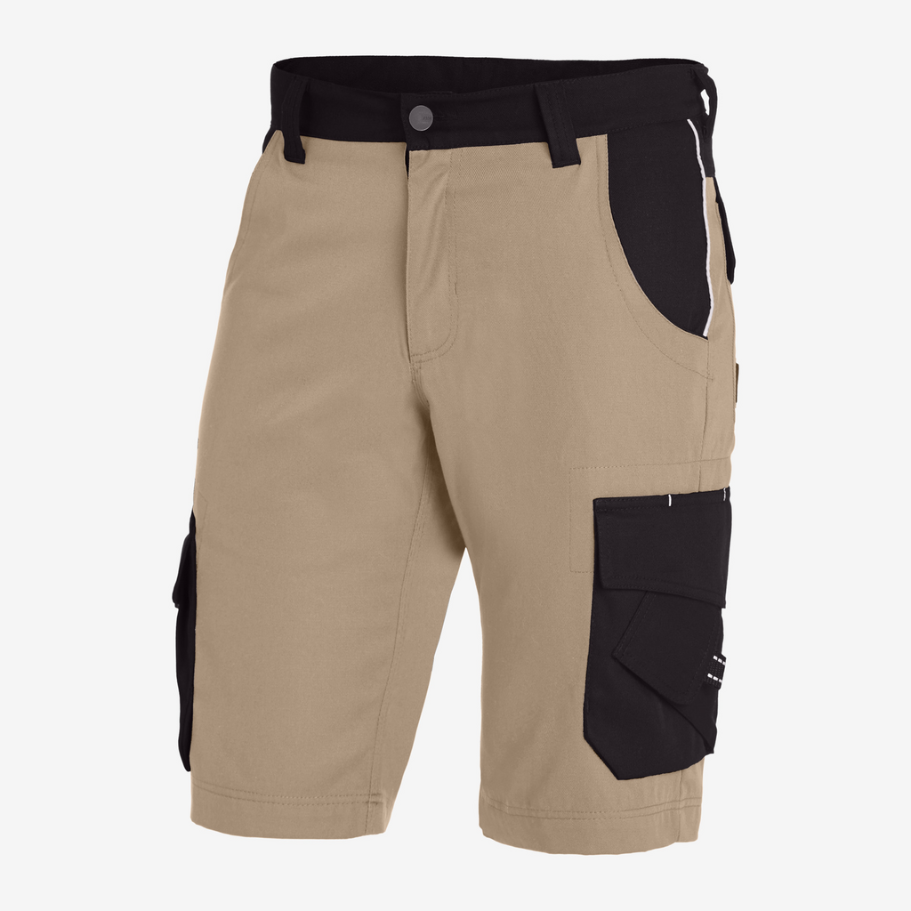Cargo-Shorts, Beige, Schwarze Taschen, Gürtel Schlaufen, Knielang