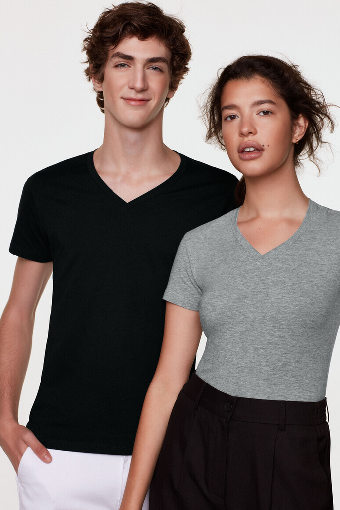 Tee, V-Ausschnitt, Kurzärmlig, Schwarz, Grau