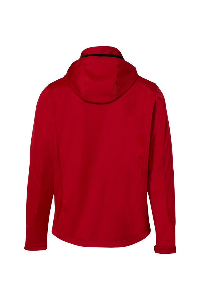 hooded jacket, red, back view, long sleeves, softshell?