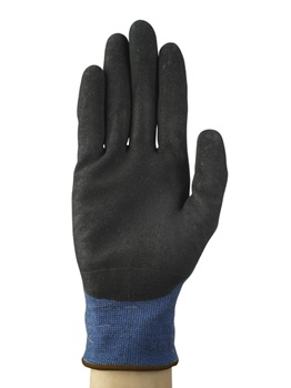 handschuh, arbeitshandschuh, schwarz, strickbund, blauer bund,  gloves, schwarz, blaue manschette, fingerhandschuhe, stretchmaterial