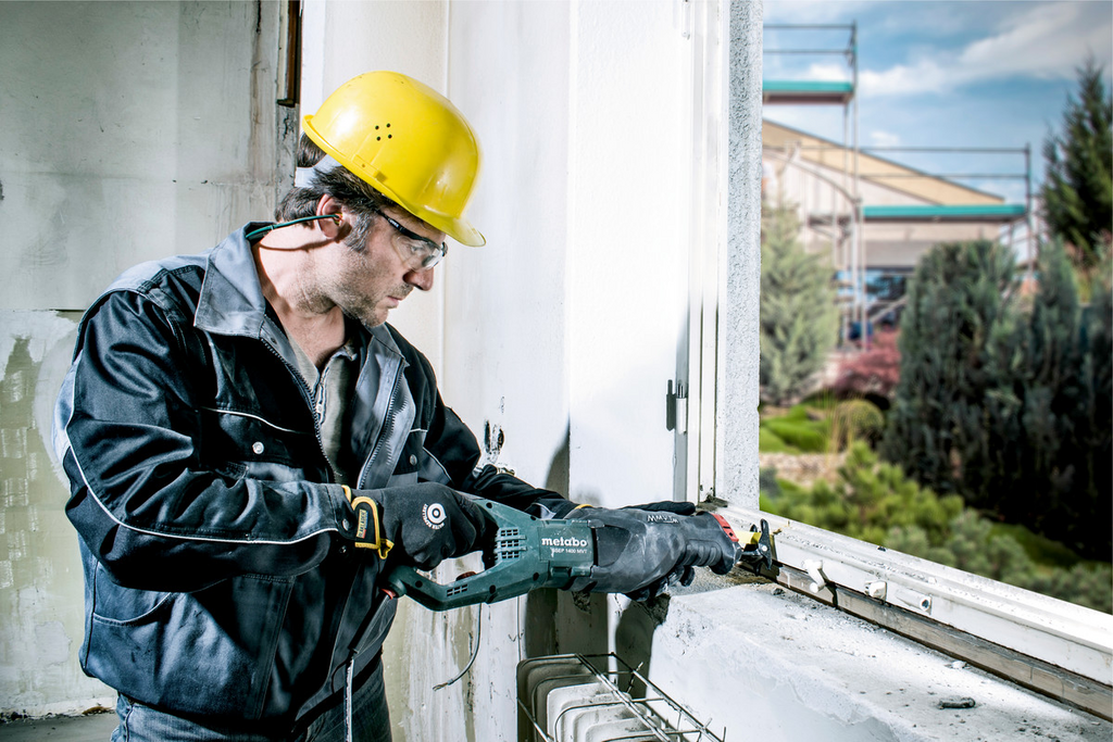Bau, Arbeiter, Bohrmaschine, Sicherheitshelm, Handschuhe
