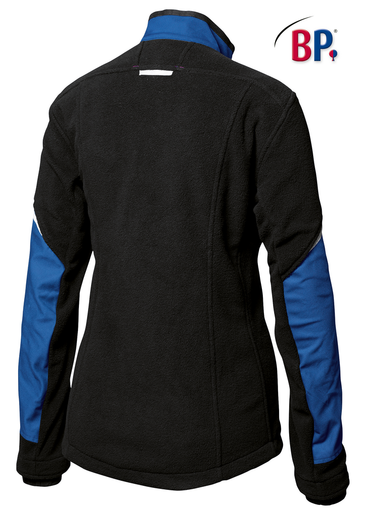Fleecejacke, schwarze Jacke, blaue Ärmel, Stehkragen, Rückansicht