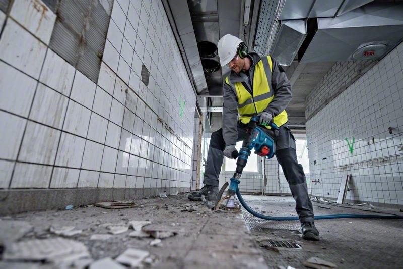 Baustelle, Bauarbeiter, Fliesen, Bohrhammer, Schmutz