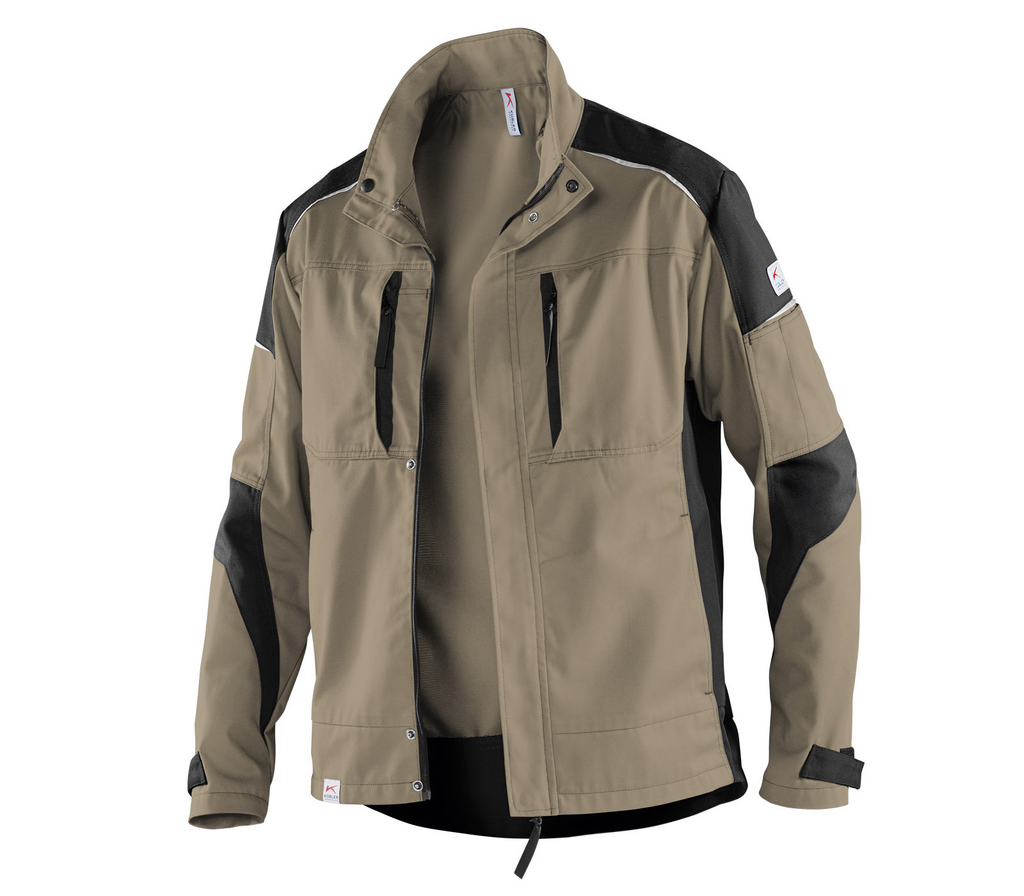 jacke, softshell, khaki, schwarze einschnitte, reissverschlusstaschen
