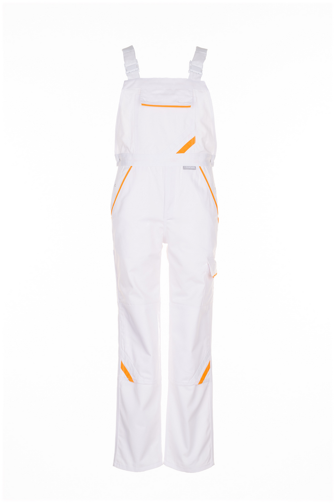 allgemeine weiße Latzhose,  Hosenträger, orange Akzente, seitliche Taschen, funktionale Kleidung