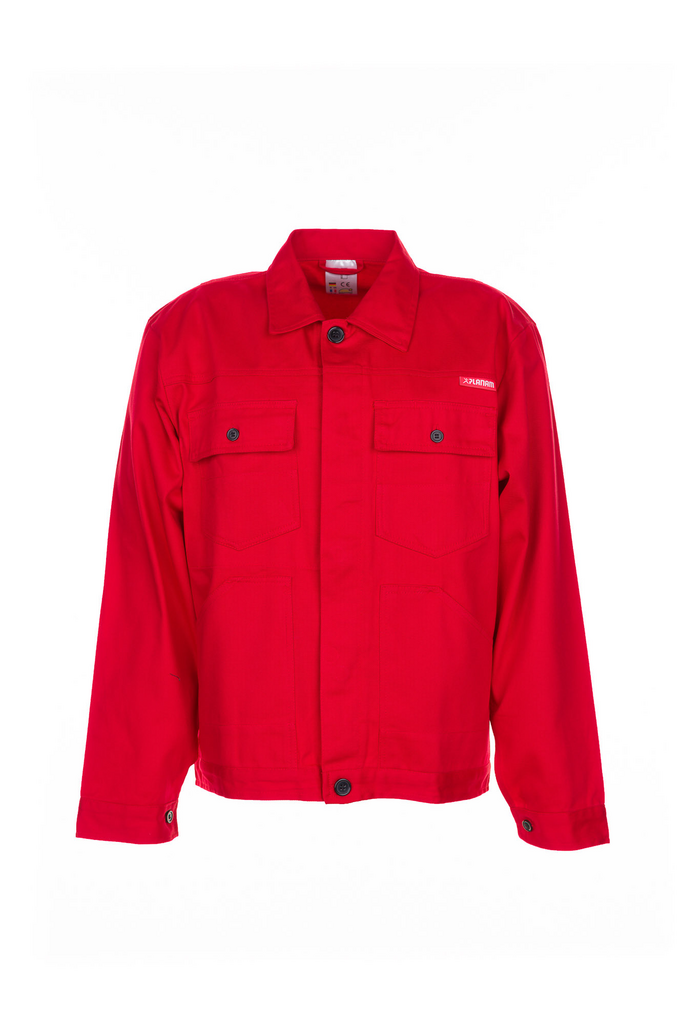 red jacket, workwear, outerwear, buttoned front, pocket flaps