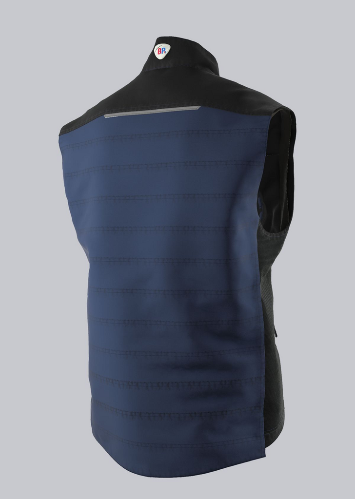 veinvestment textile, blue vest, sleeveless vest, padded vest, reflective stripe