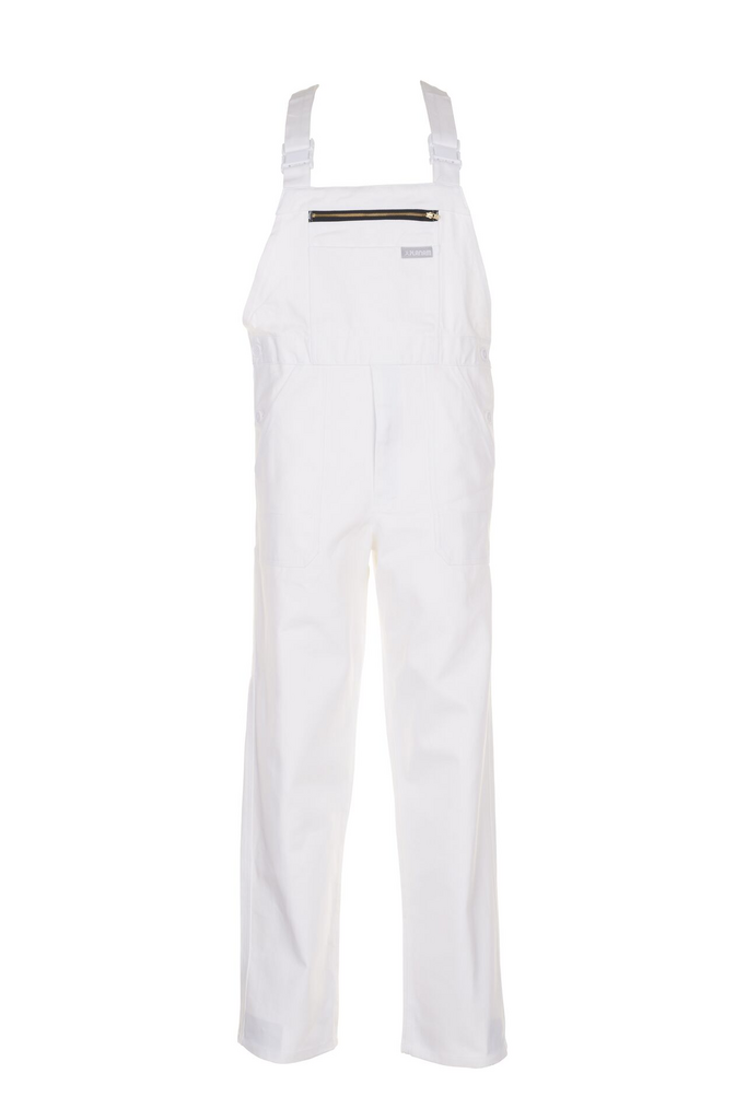 Gesamtweiß, weiße Latzhose, Taschen, Reißverschluss-Tasche, verstellbare Träger