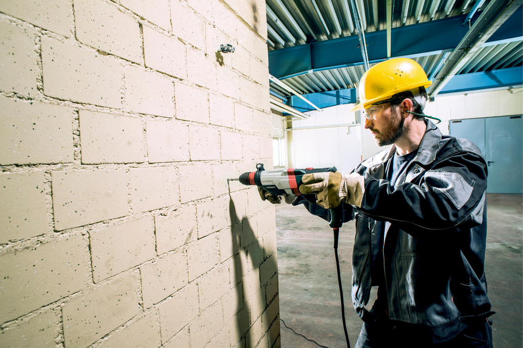 safety helmet, construction worker, drill, brick wall, protective gloves