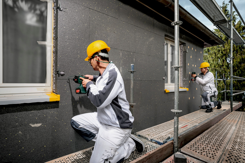 Konstruktion, Arbeiter, Gerüst, Bohrer, Wärmedämmung