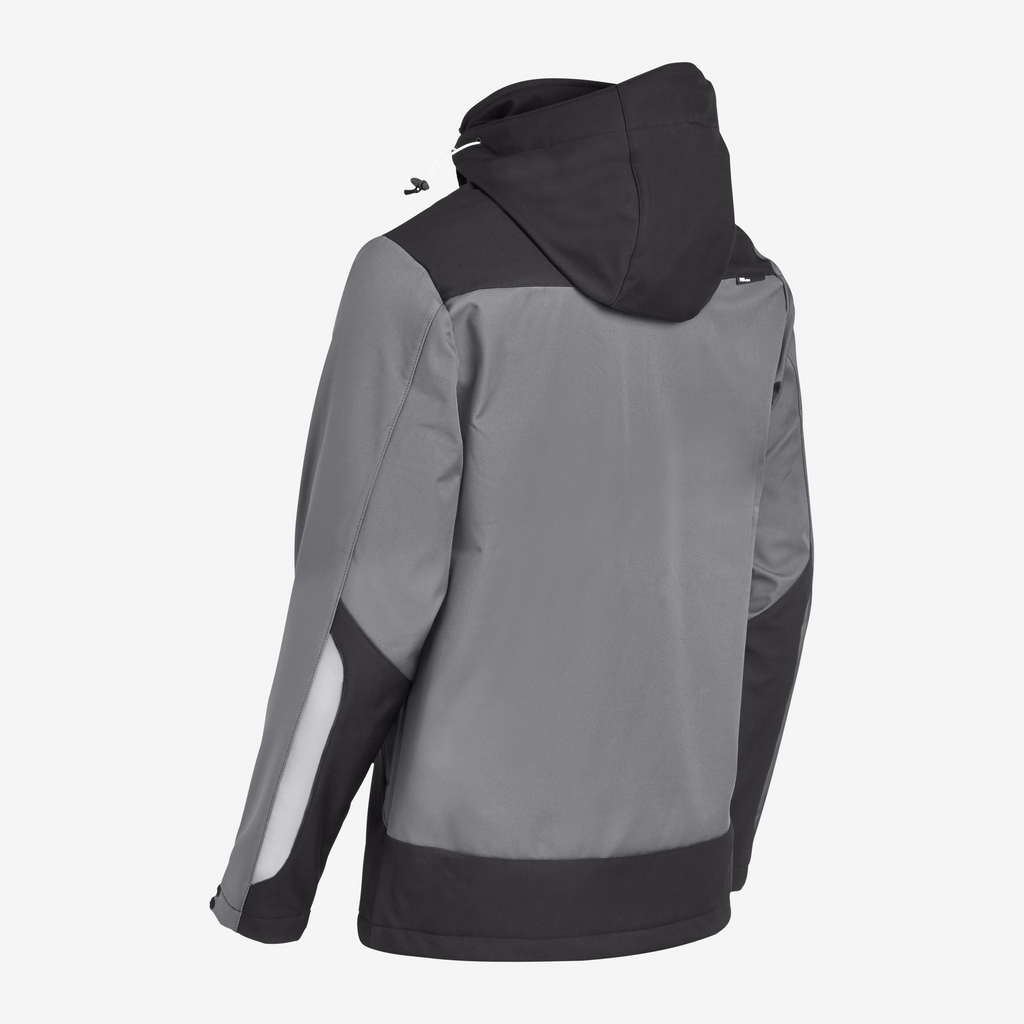 jacke, kapuze, softshell, farbblock, grau