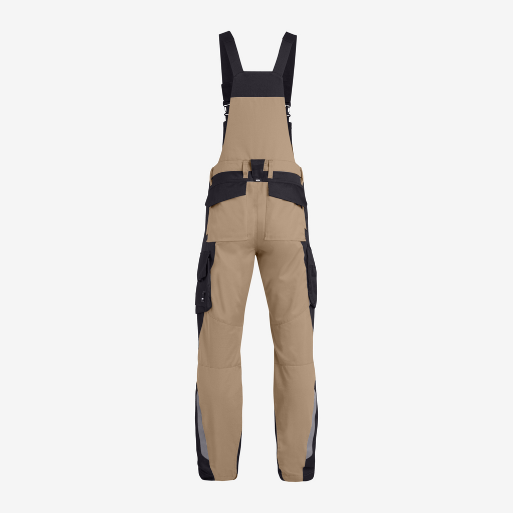 Overall length, Bib suspenders, Two-tone beige black, Cargo pockets, D-ring belt