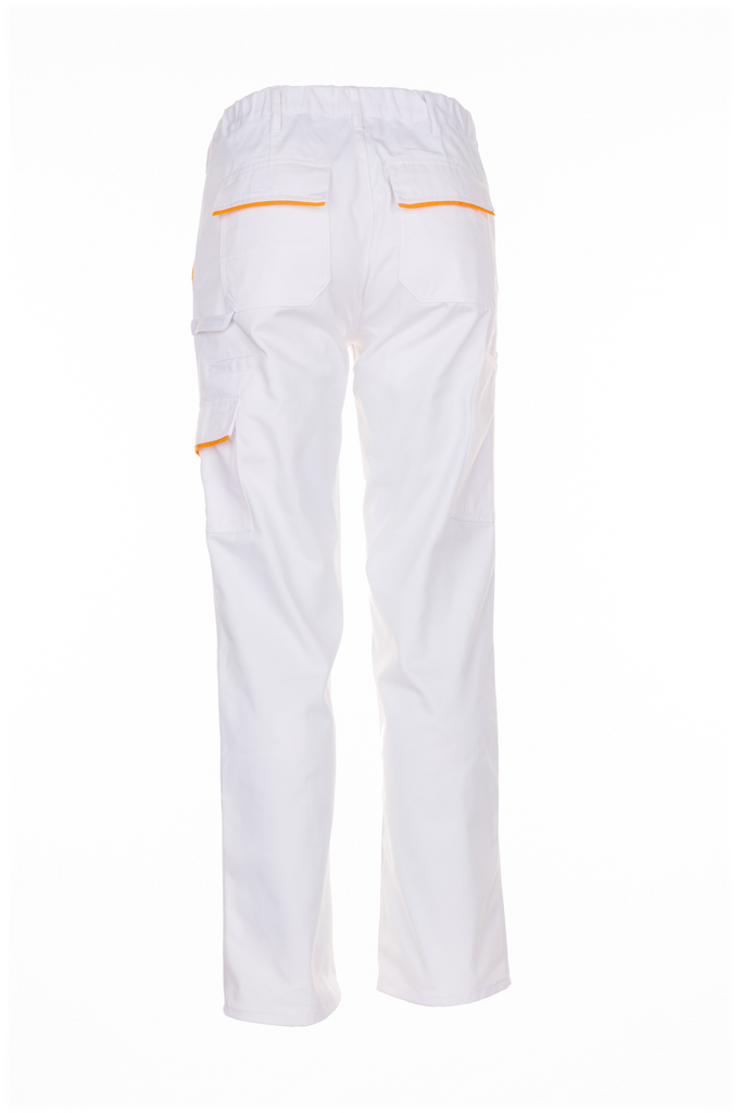 weißes Hosen, Cargo-Hose, Rückentaschen, elastischer Bund, orangene Verzierung