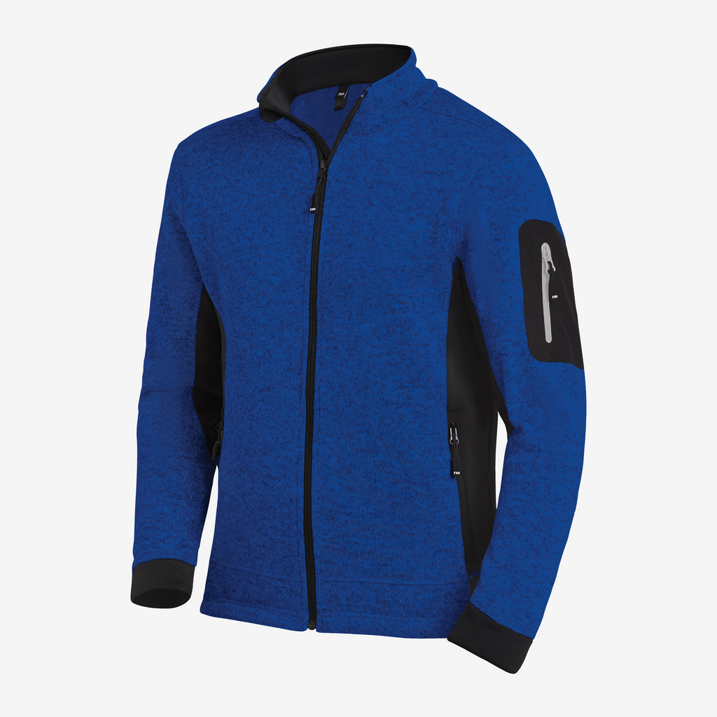fleecejacke, blaue jacke, Reißverschluss, Ärmeltasche, schwarze Akzente