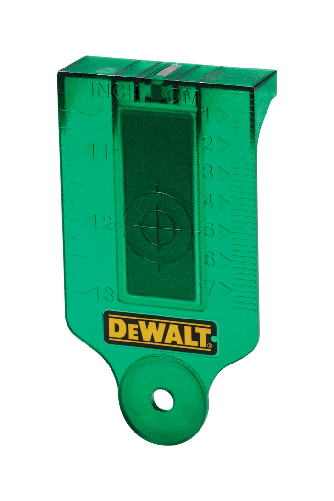 Laser-ruled block, Carpenter level, Green plastic, DeWalt logo, Measurement ruler