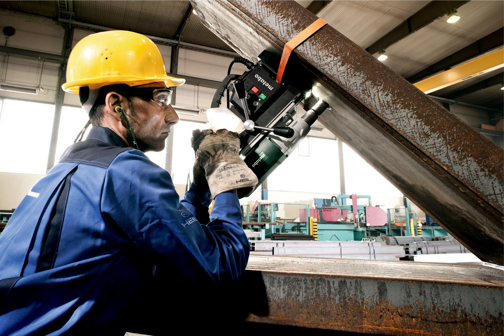 safety helmet, gloves, protective eyewear, construction worker, metal beam