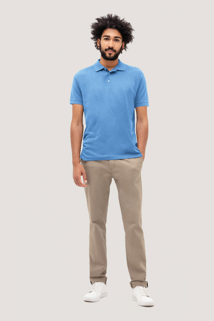 Polohemd, kurze Ärmel, Blau, Baumwolle, Khaki-Hose