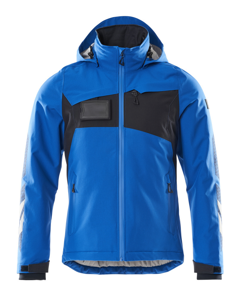ski jacke, blau jacke, softshell, kapuzenjacke, reissverschlusstaschen
