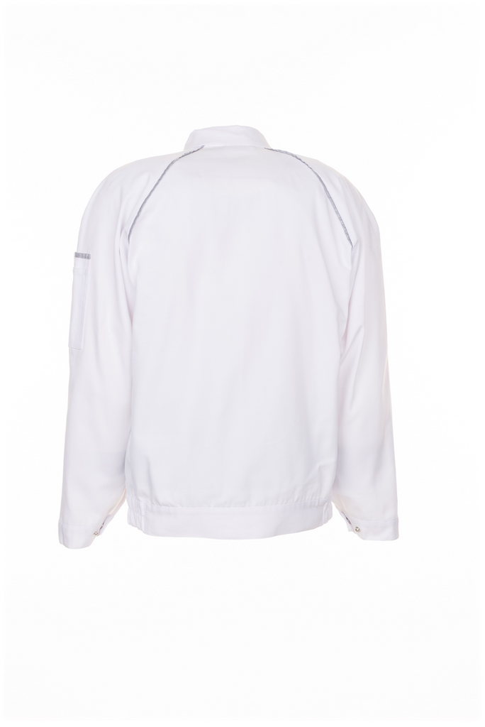 weiße jacke, langarm, kragen, reissverschlüsse am bündchen, rückansicht