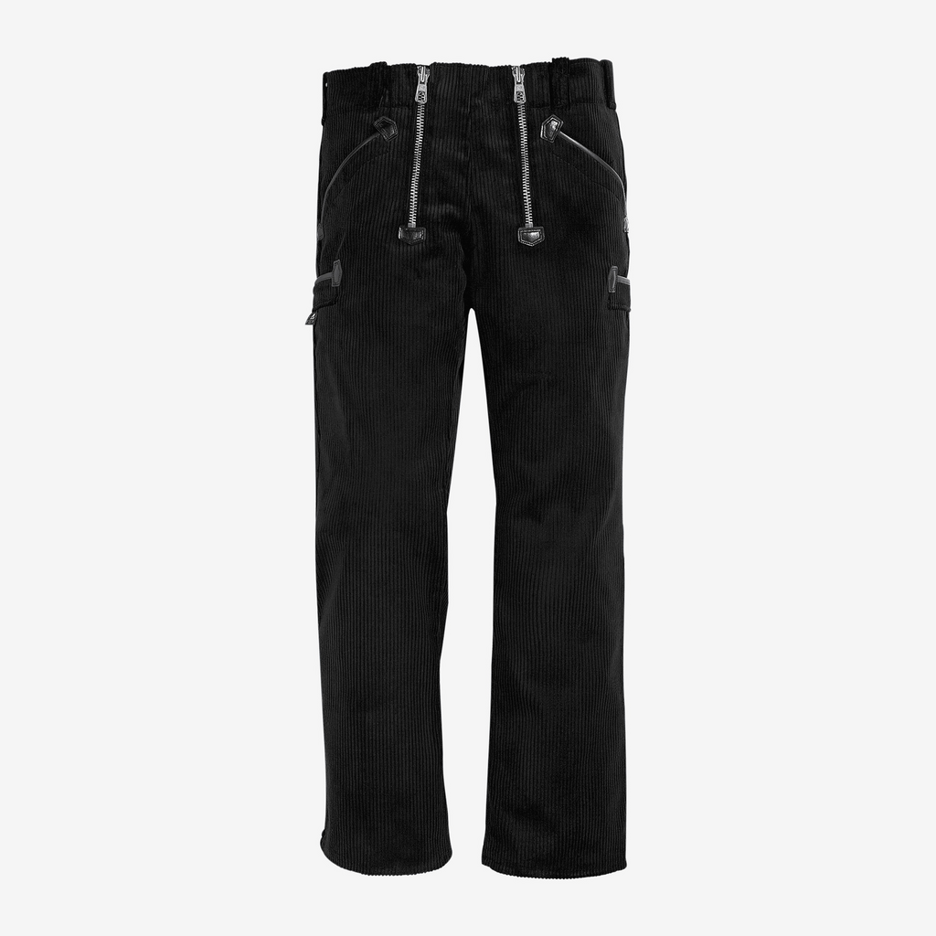 corduroy, pants, black, zipper, pockets