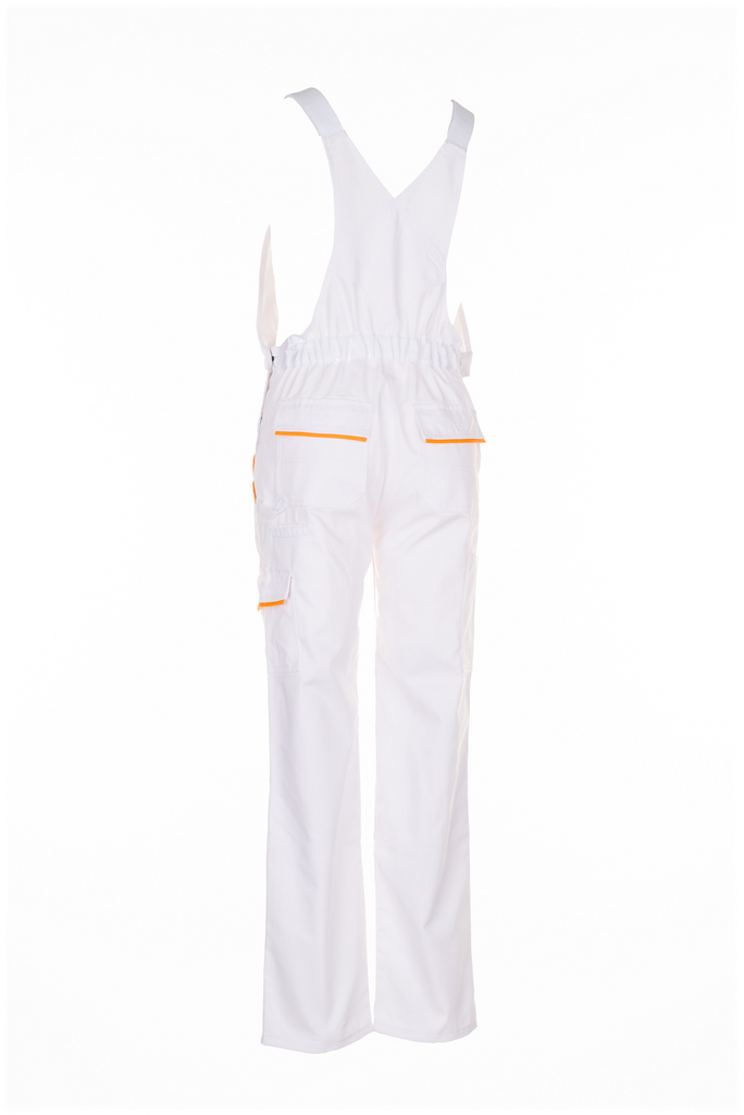 overall white, weiße Latzhose, Halter-Träger, orange Rand, Cargo-Taschen