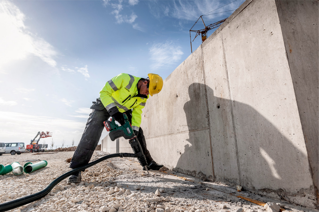 konstruktion, bohren, arbeitskleidung, neonweste, schutzhelm